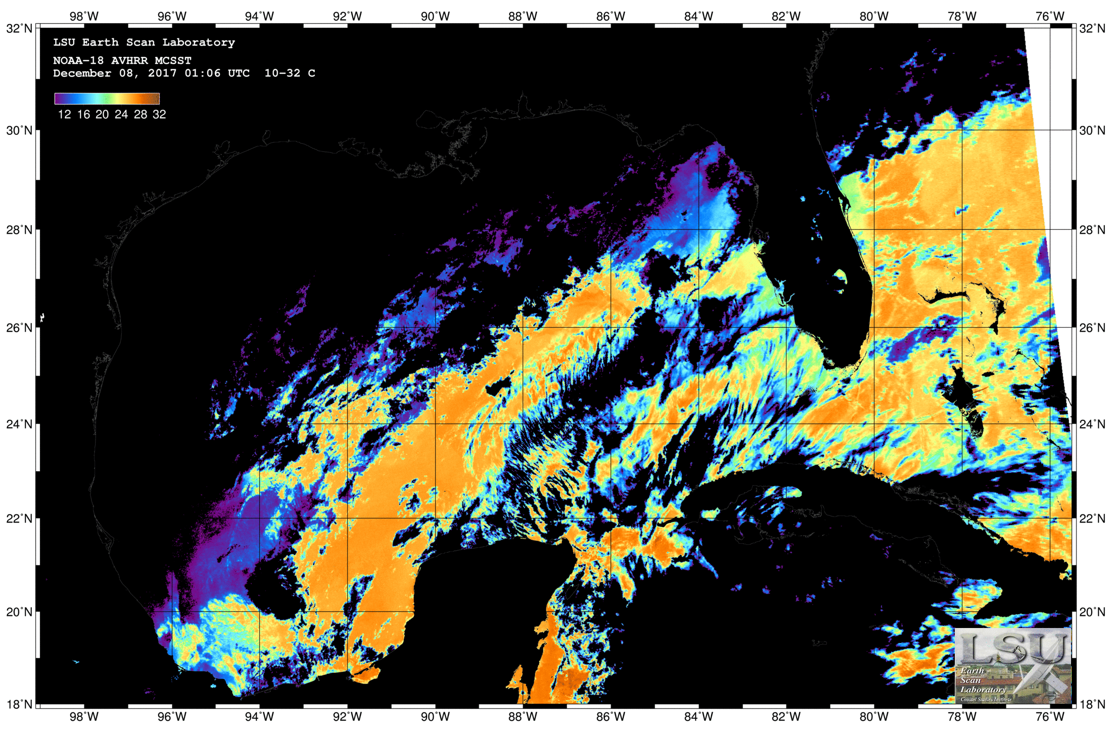 Dec 08 2017 01:06 UTC NOAA-18 SST - No Cloudmask