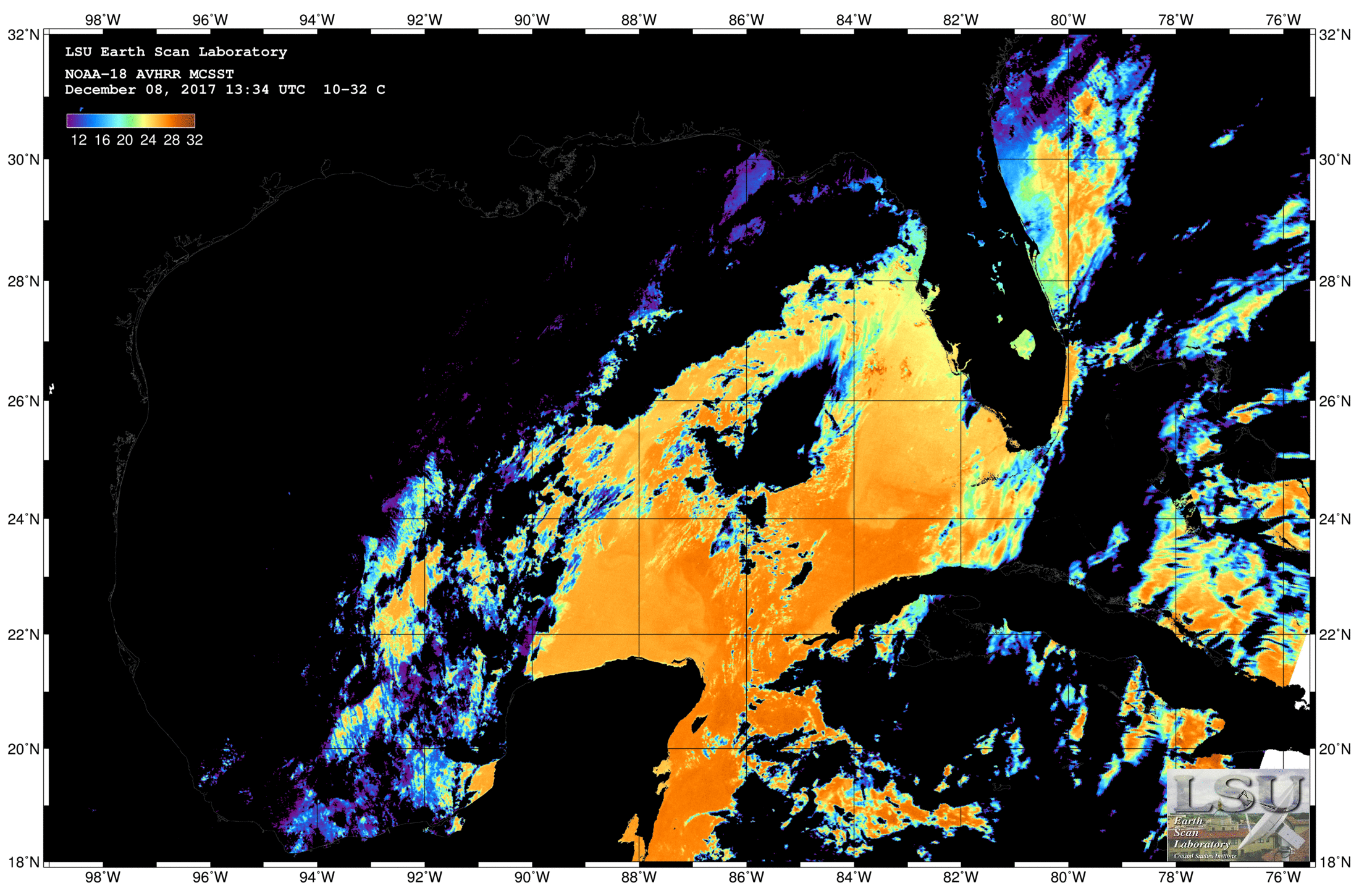 Dec 08 2017 13:34 UTC NOAA-18 SST - No Cloudmask