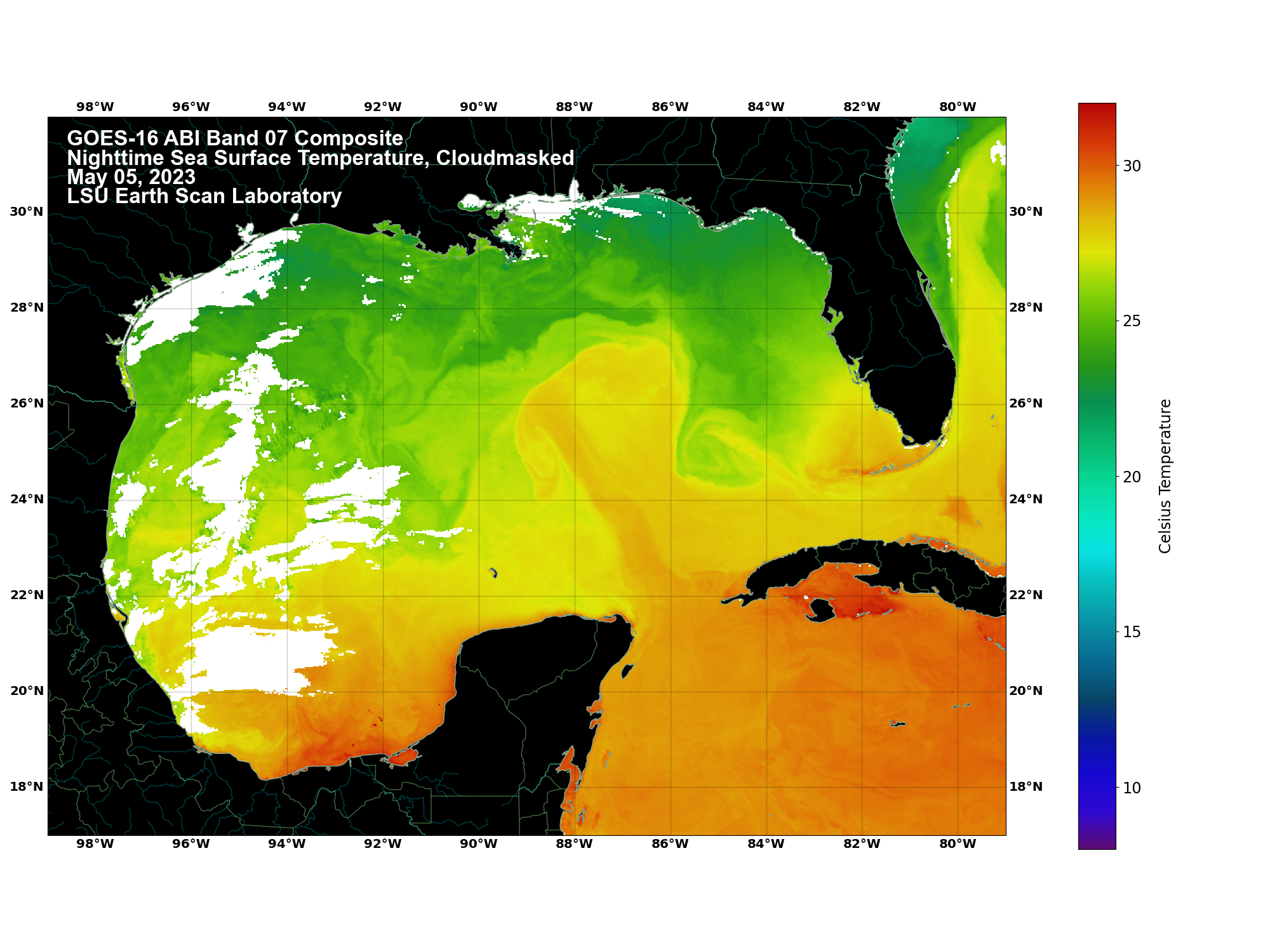 Quicktime movie of cloudmasked composite nighttime sea surface temperature of Gulf of Mexico
